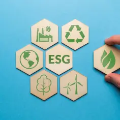 Sześć heksagonalnych kafelków z zielonymi symbolami: fabryka, recykling, ziemia, drzewo, wiatraki i liść. Centralnie umieszczony kafelek z napisem ESG. Dłoń dokłada ostatni kafelek. To jest właśnie esg co to.
