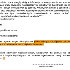 Formularz skierowania na badania medycyny pracy, wymieniający czynniki szkodliwe: praca siedząca, praca przy komputerze.