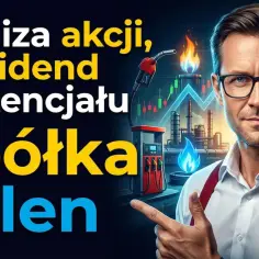 Analiza akcji PKN Orlen: mężczyzna w okularach wskazuje na wykresy giełdowe i rafinerię, sugerując potencjał wzrostu.
