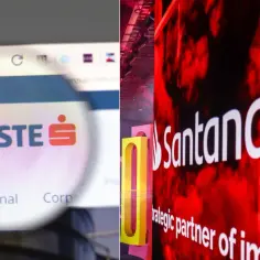 Logo Erste Group na ekranie komputera obok napisu Santander.