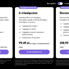 Porównaj ceny SkyShowtime: miesięczna 24,99 zł, 6-miesięczna 99,49 zł (16,59 zł/mies.), roczna 198,99 zł (16,59 zł/mies.).