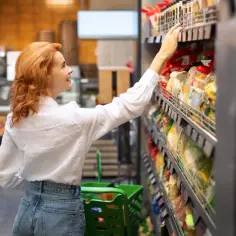 Ruda kobieta w białej koszuli wybiera produkty FMCG z półki w supermarkecie. Obok stoi zielony wózek.