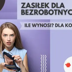 Zaskoczona kobieta pokazuje pusty portfel, zastanawiając się nad zasiłkiem dla bezrobotnych. Czy to wystarczy na kuroniówkę?