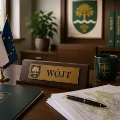 Biurko wójta z flagami, dokumentami i mapą. Zastanawiasz się, ile zarabia wójt?