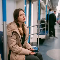 Młoda kobieta w płaszczu siedzi w metrze, zamyślona. Może to czas na L4 z powodu wypalenia zawodowego.