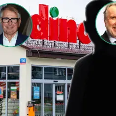 Dwaj panowie, potencjalni właściciele sieci Dino, na tle sklepu.