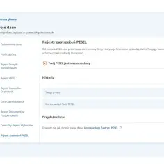 Strona "Twoje dane" w mObywatelu. Widoczny rejestr zastrzeżeń PESEL, informacja o niezastrzeżonym numerze PESEL i opcja jego zastrzeżenia.
