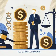 Ilustracja prawników, stosu monet, młotka sędziowskiego i wagi sprawiedliwości.