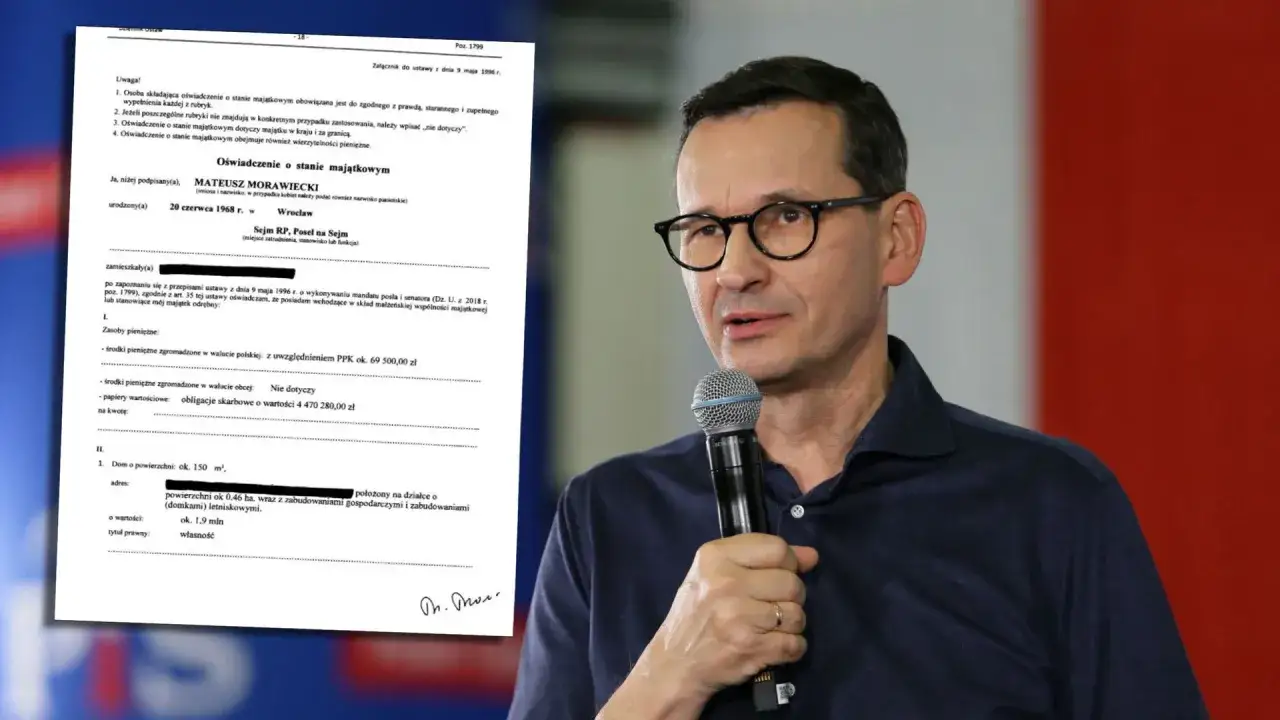 Oświadczenie o stanie majątkowym Mateusza Morawieckiego. Dokument zawiera informacje o jego zasobach pieniężnych i nieruchomościach.