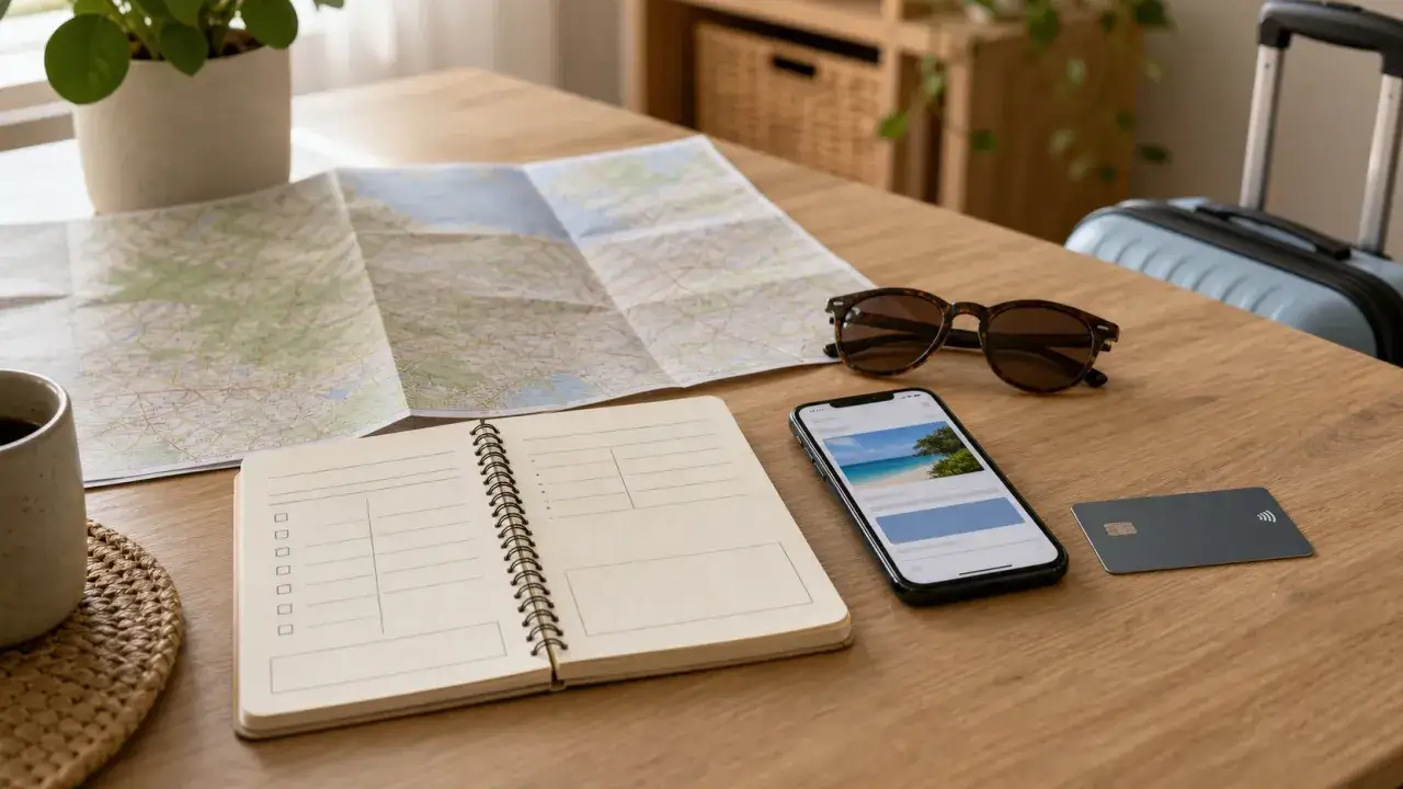 Planowanie podróży na długi weekend: mapa, notatnik, telefon z widokiem na plażę, okulary i karta płatnicza.