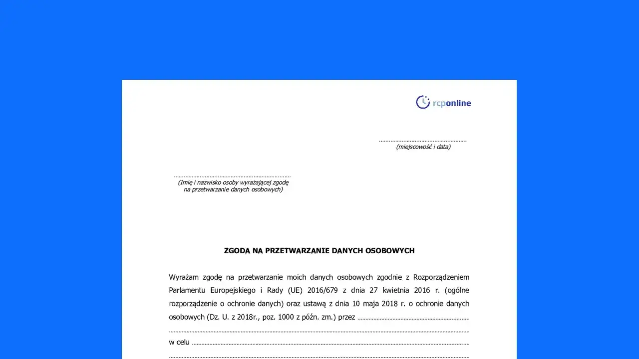 Formularz zgody na przetwarzanie danych osobowych. Wypełnij kwestionariusz osobowy, podając swoje dane i cel przetwarzania.