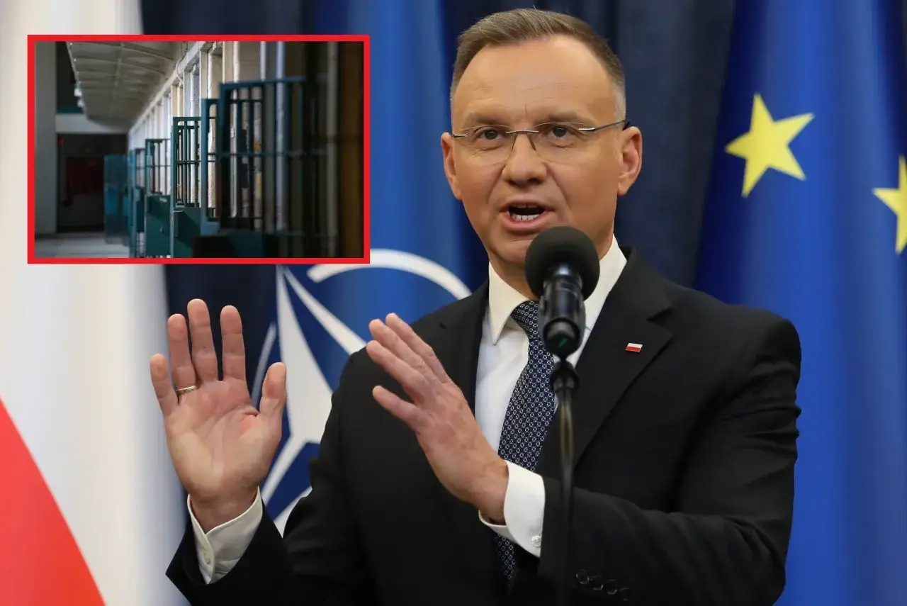 Prezydent Nawrocki ogłasza ułaskawienie, podczas gdy w tle widać cele więzienne.