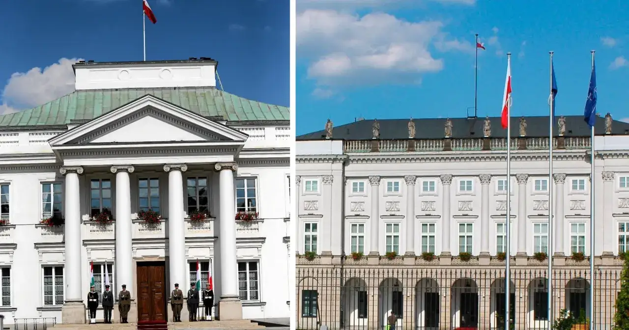 Pałac Prezydencki w Warszawie, gdzie mieszka prezydent Polski, z polską flagą na dachu i wartą honorową.
