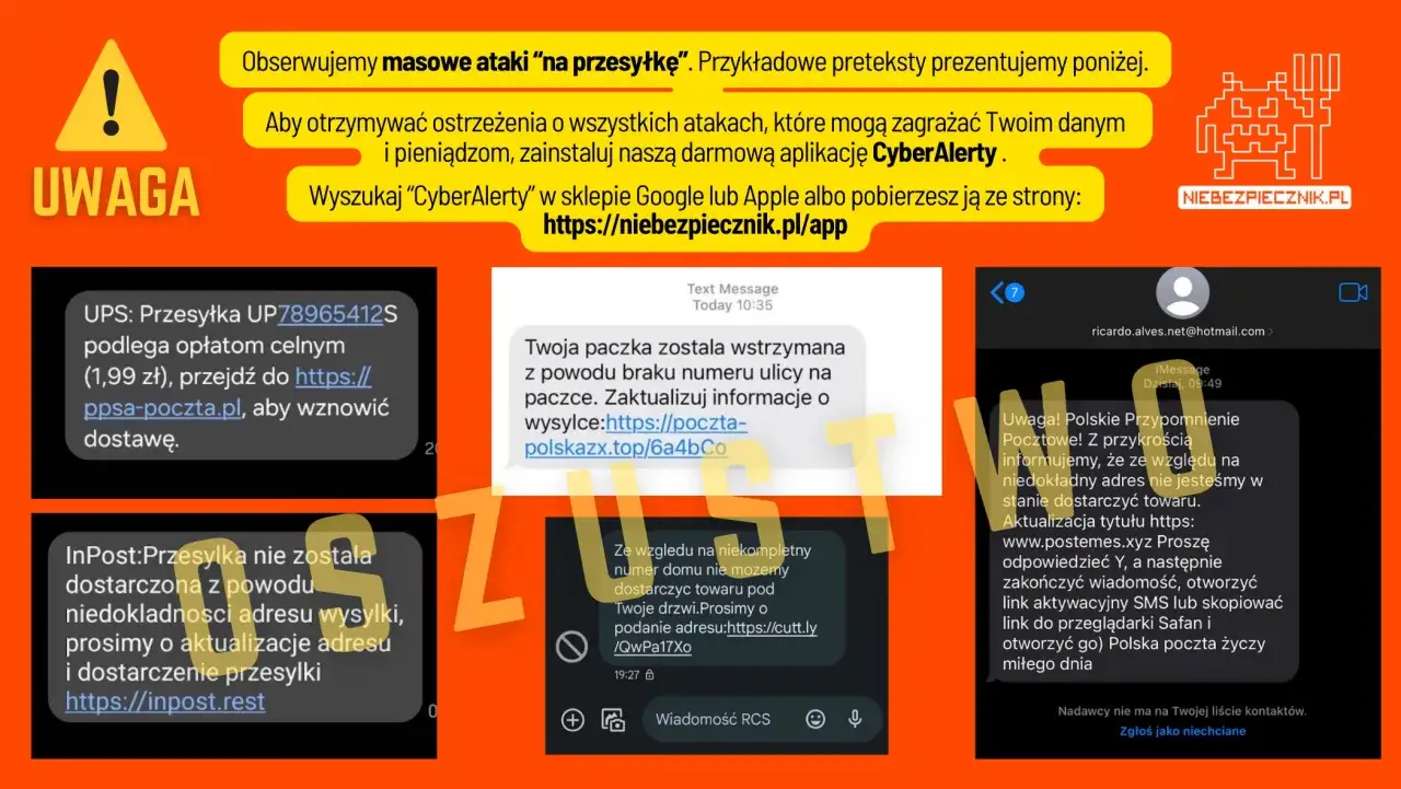 Ostrzeżenie przed atakami smishing. Fałszywe SMS-y od UPS, InPost i Poczty Polskiej próbują wyłudzić dane.