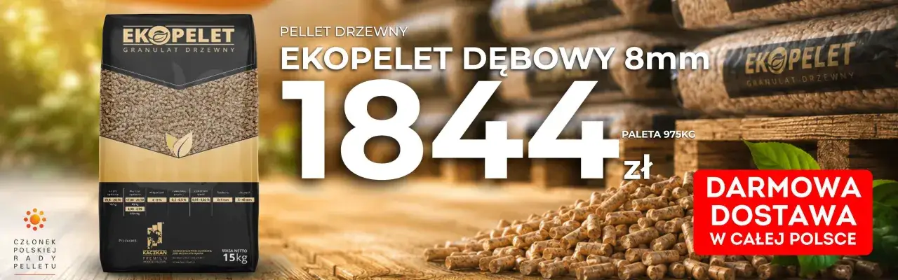Paleta 975kg pelletu dębowego 8mm EKOPELET za 1844 zł. Cena pelletu 2026 roku z darmową dostawą w całej Polsce.