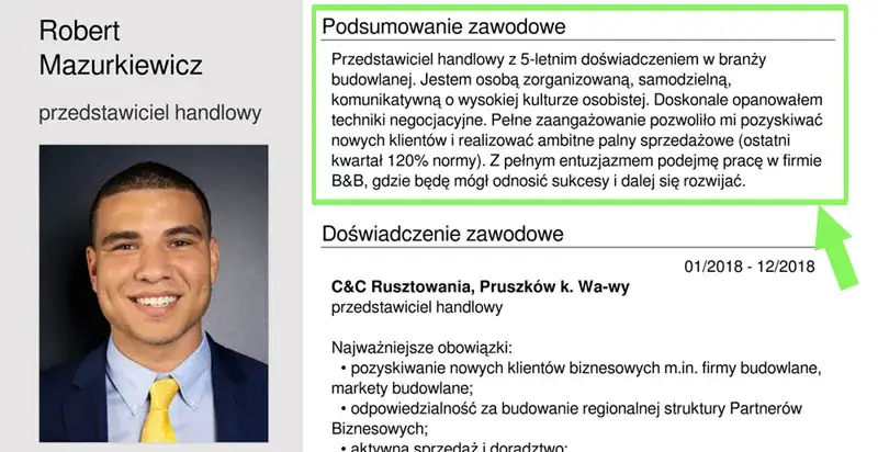 przykładowe CV z podświetlonym podsumowaniem zawodowym