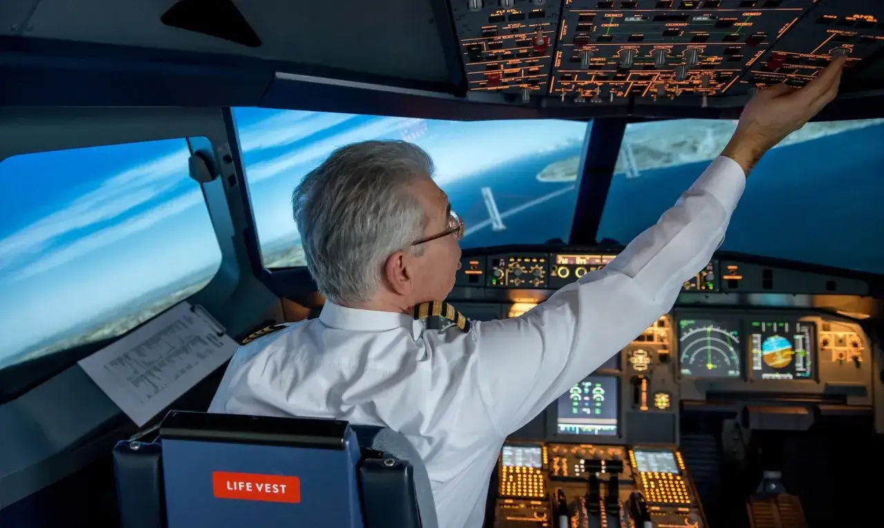 Doświadczony pilot samolotu w białej koszuli i okularach obsługuje panel sterowania w kabinie.