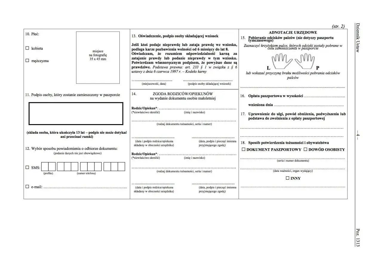 Formularz wniosku o paszport dla dziecka, z miejscem na zdjęcie i danymi rodziców/opiekunów.